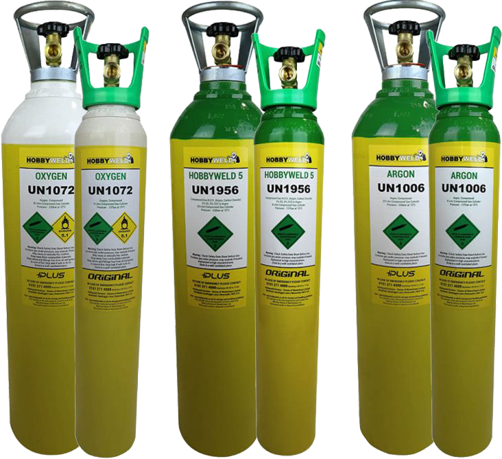 Hobbyweld rent free oxygen, pure argon and 5% argon/CO2 mix in both 9 liter and 2 liter cylinders