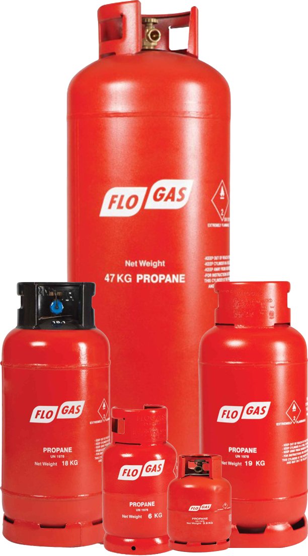 Flogas propane cylinders in 47kg, 19kg, 6kg, 3.9kg and 18FLT cylinders