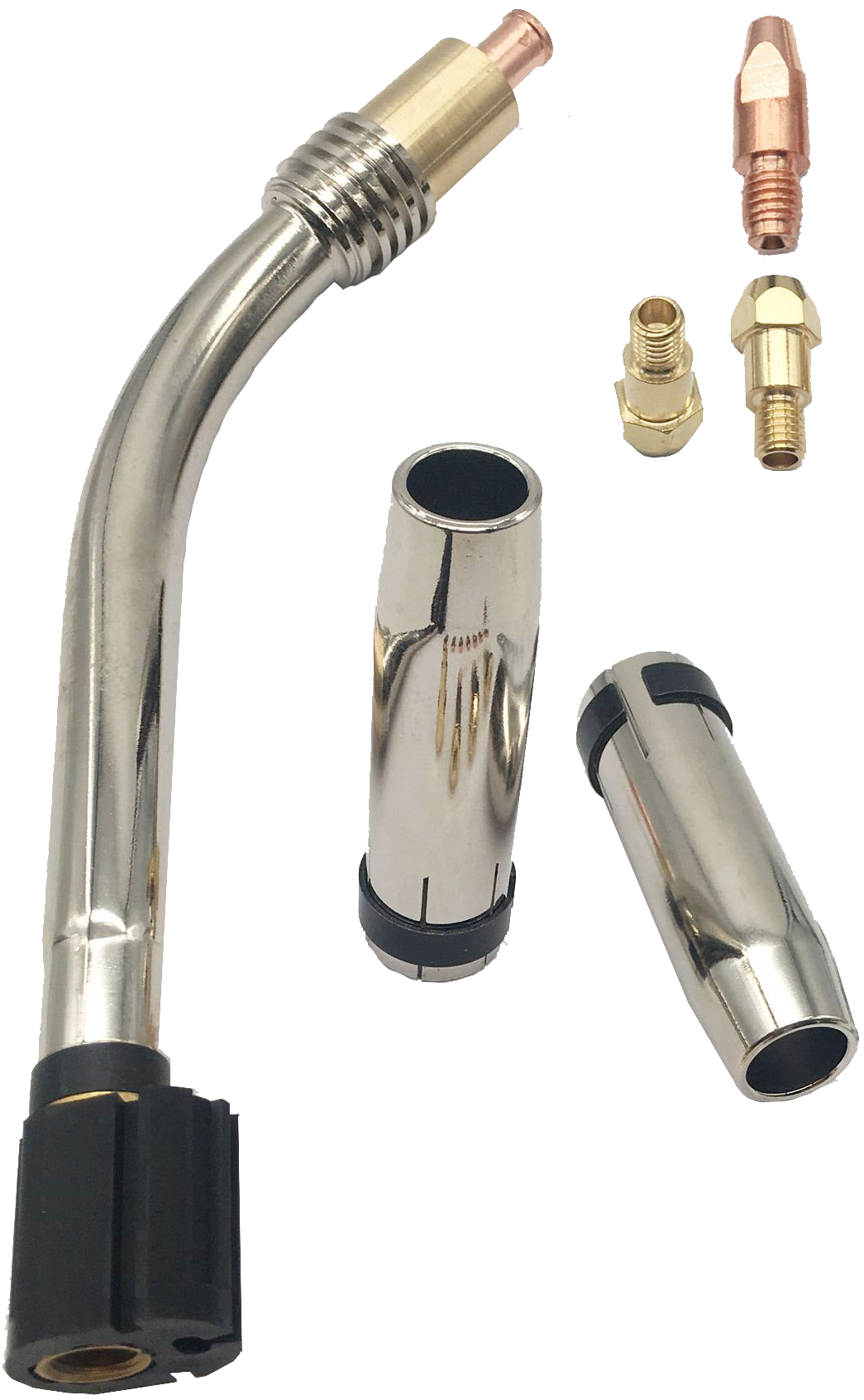 MB36 Torch parts, including shrouds and shroud springs, tip adaptor, complete neck, diffusers & tips