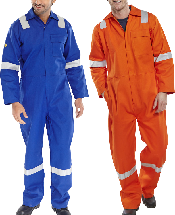 Flame retardant boiler suits/coveralls with high viz strips (nordic) in navy, red, orange and royal blue