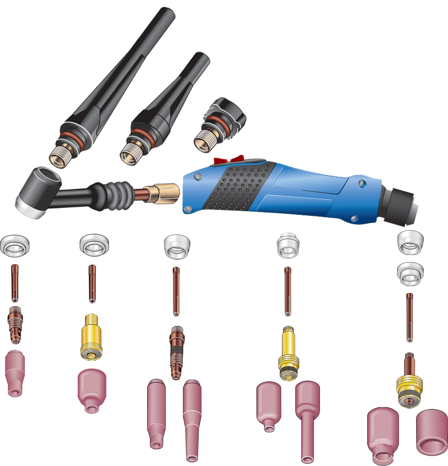 TIG Torch consumables diagram for the WP917, WP18 & WP26 style torches