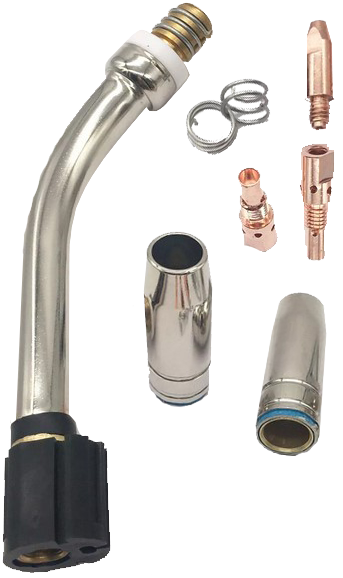 MB25 Torch parts, including shrouds and shroud springs, tips adaptor, complete neck & tips