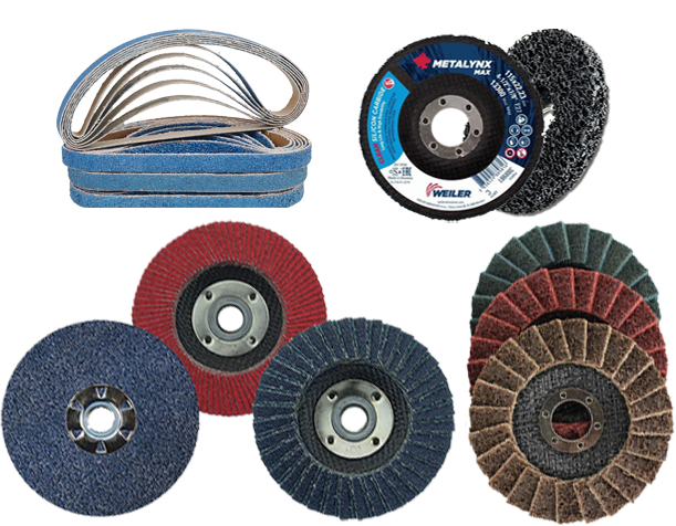 Finger sanding belts, 115mm silicone carbide fleece cleaning discs, 115mm fibre discs, ceramic flap wheels, zirconium flap wheels and surface preparation discs in course, medium and fine