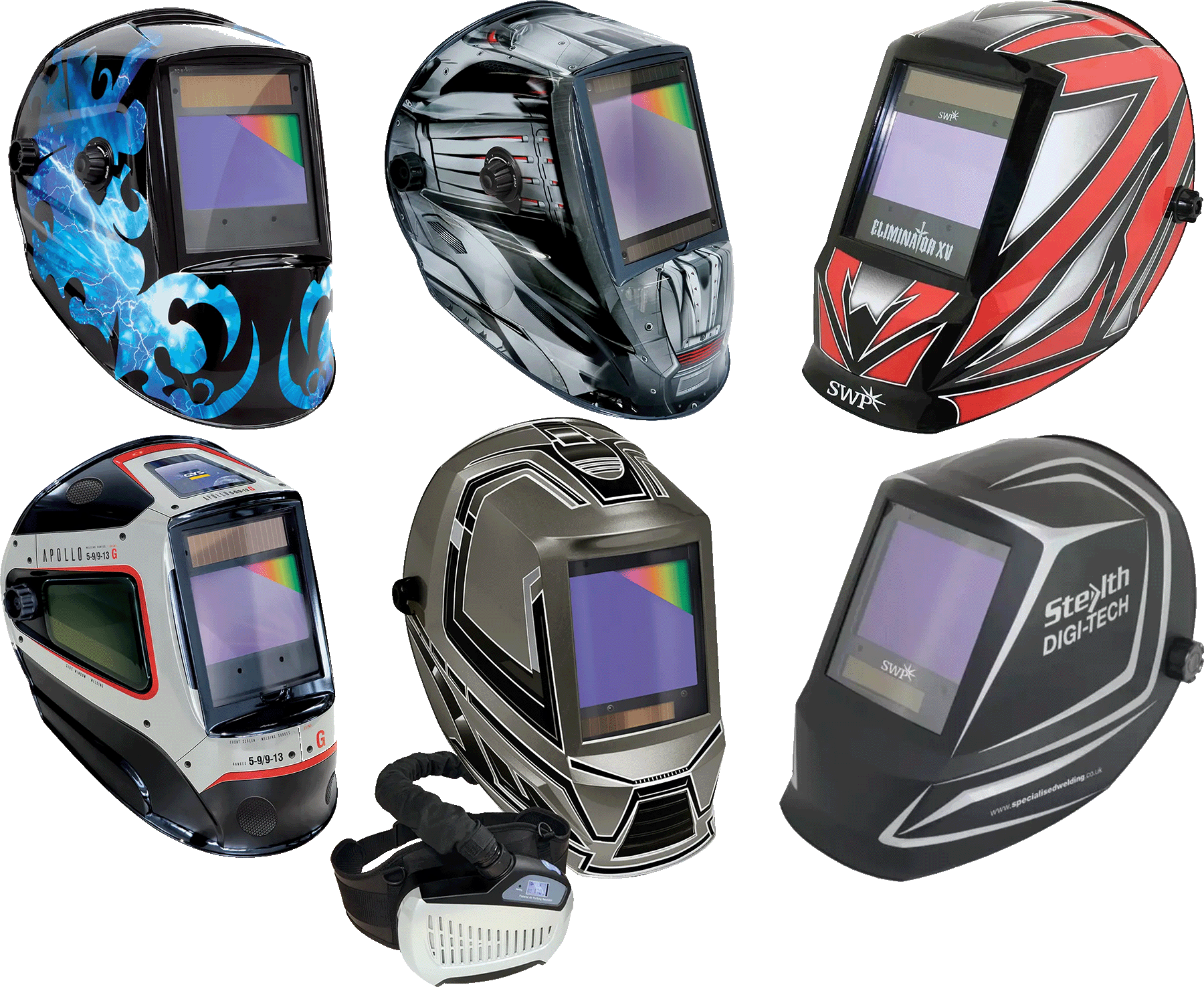 GYS Venus, GYS Alien, SWP Eliminator, GYS Apollo, GYS Gysmatic XXL air feed & SWP Stealth air feed welding helmets